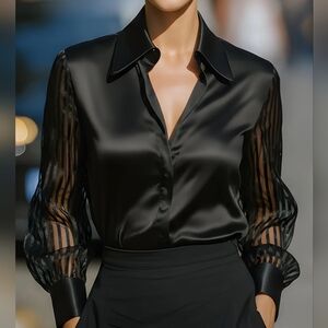 Black Button-Front Blouse with Sheer Stripe Sleeves